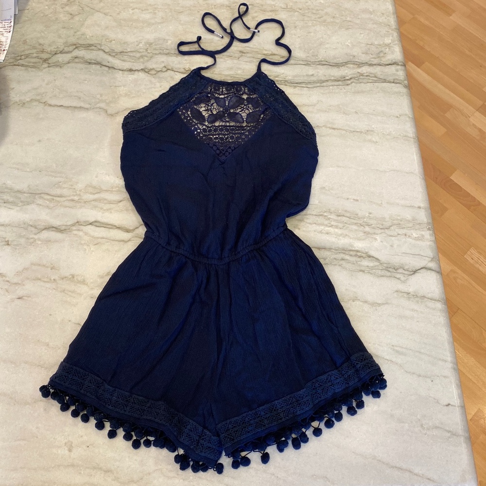 American Eagle Navy Crochet Romper with Pom Pom Trim